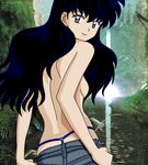  black_hair blue_eyes denim derivative_work from_behind g-string higurashi_kagome inuyasha jeans long_hair looking_back non-web_source panties pants photo-referenced solo thong topless underwear whale_tail 