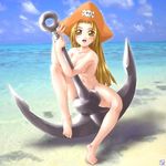  anchor barefoot beach breasts brown_eyes brown_hair cloud convenient_censoring day feet full_body guilty_gear hat kagehara_hanzou looking_at_viewer may_(guilty_gear) medium_breasts nude orange_hat outdoors pirate pirate_hat skull_and_crossbones sky solo water 