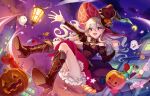  1girl boots candy cloud corrin_(fire_emblem) corrin_(fire_emblem)_(female) fire_emblem fire_emblem_fates food halloween_costume hashiko_(neleven) hat high_heel_boots high_heels jack-o&#039;-lantern long_hair long_sleeves open_mouth red_eyes sky solo twitter_username white_hair witch_hat 