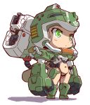  1girl android chibi clenched_hands green_eyes helmet looking_ahead mecha_musume midriff_cutout navel original science_fiction shaded_face shadow solo standing yama_(yamasaaru) 