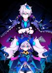  1boy 1girl belt black_gloves blue_coat blue_hair blue_horns blue_neckwear chain ciel_(elsword) closed_mouth coat coat_on_shoulders crossed_arms crown dreadlord_(elsword) elsword fingerless_gloves floating floating_object frown gloves gradient gradient_hair gun hair_between_eyes hair_ornament hairclip half_gloves height_difference hood hood_up horns looking_at_viewer luciela_r._sourcream manamachii multicolored multicolored_hair navel partially_fingerless_gloves pink_hair pointy_ears shaded_face sleeves_past_fingers sleeves_past_wrists sleeves_rolled_up slit_pupils smile thighhighs torn torn_clothes torn_coat twintails weapon zipper 