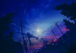  blurry blurry_foreground building cloud commentary_request crescent_moon depth_of_field dutch_angle mocha_(cotton) moon night night_sky no_humans original outdoors power_lines scenery signature sky star_(sky) starry_sky sunset tree utility_pole 