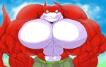  2014 anthro beard big_muscles big_pecs bottomwear clothing dreamworks_face facial_hair fish grin hi_res huge_muscles huge_pecs hyper hyper_muscles hyper_pecs looking_at_viewer male marine multicolored_body multicolored_skin muscular panscolipede pants pecs shark sharp_teeth short_beard smile solo standing teeth 