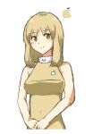  1girl apple_inc. bangs blonde_hair breasts brown_eyes covered_navel cropped_torso eyebrows_visible_through_hair hands_together highres i.takashi ipad logo medium_breasts personification sketch smile solo tablet_pc white_background 