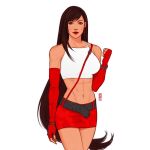  1girl abs belt black_hair crop_top earrings elbow_gloves final_fantasy final_fantasy_vii fingerless_gloves gloves jen_bartel jewelry lipstick long_hair looking_at_viewer low-tied_long_hair makeup navel official_alternate_costume red_gloves red_lipstick red_skirt simple_background skirt solo standing stomach tifa_lockhart very_long_hair 