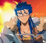  1boy bespectacled blue_hair bracelet capelet close-up closed_mouth collarbone cu_chulainn_(fate)_(all) cu_chulainn_(fate/grand_order) earrings fate/grand_order fate_(series) fur-trimmed_hood fur_trim glasses hood hood_down jewelry long_hair male_focus one_eye_closed red_eyes smile solo spiked_hair yukota_2631 