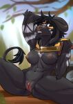  2021 anthro areola black_hair blizzard_entertainment blue_eyes bovid bovine breasts brown_nose digital_media_(artwork) female genitals hair hi_res horn looking_at_viewer mammal nipples nude omesore pussy sitting solo tauren video_games warcraft 