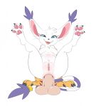  anal anal_penetration breasts digimon digimon_(species) fangs female gatomon genitals halbean hi_res legs_up nipples penetration pussy simple_background smile 