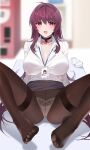  1girl :d bangs black_choker black_legwear black_skirt blurry blurry_background breasts choker collared_shirt damda depth_of_field eyebrows_visible_through_hair fate/grand_order fate_(series) feet hair_intakes heart id_card indoors lanyard large_breasts long_hair long_sleeves looking_at_viewer office office_lady open_mouth panties panties_under_pantyhose pantyhose pantyshot pencil_skirt purple_hair red_eyes scathach_(fate) scathach_(fate)_(all) shirt shirt_tucked_in sitting skirt skirt_lift smile solo spread_legs thighband_pantyhose underwear very_long_hair white_shirt 