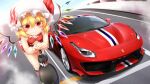  1girl blonde_hair boots clothes_writing crop_top crystal fang ferrari ferrari_488 fingernails flandre_scarlet ground_vehicle hat highres leaning_forward leaning_on_object looking_at_viewer m9kndi mob_cap motor_vehicle race_queen red_eyes red_footwear red_shorts shirt short_hair short_shorts shorts skin_fang sleeveless sleeveless_shirt thigh_boots thighhighs touhou umbrella wings 