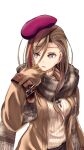  1girl bangs beret breasts brown_coat brown_gloves brown_hair coat commentary_request earrings eyebrows_visible_through_hair fringe_trim gloves grey_eyes hair_between_eyes hand_up hat highres jewelry kimura_shuuichi kurusu_natsume looking_away looking_to_the_side medium_breasts multicolored_hair nijisanji open_clothes open_coat red_hair red_headwear ribbed_sweater scarf simple_background solo streaked_hair sweater turtleneck turtleneck_sweater virtual_youtuber white_background white_sweater 