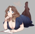  1girl 2021 agawa_ryou blue_eyes book breasts brown_hair brown_legwear cleavage commentary dated english_commentary grey_background large_breasts legs_up long_hair looking_at_viewer lying on_floor original pantyhose parted_lips simple_background solo thick_thighs thighs 