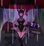  1girl absurdres arc2urus bare_shoulders black_hair black_legwear chair collarbone covered_navel demon_girl demon_horns demon_tail demon_wings director director&#039;s_chair flower hair_between_eyes hair_flower hair_ornament hand_on_hip highres holding holding_megaphone horns low_wings megaphone open_mouth original parasol pink_lips pointy_ears purple_flower rain red_eyes short_hair solo standing tail tail_hold teeth umbrella wings 