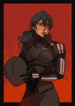  1girl alternate_costume armor blue_eyes blue_hair byleth_(fire_emblem) byleth_(fire_emblem)_(female) crossover english_commentary fire_emblem fire_emblem:_three_houses hair_between_eyes helmet highres holding holding_helmet jawli looking_to_the_side mass_effect n7_armor science_fiction sketch solo tied_hair 