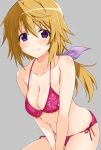  1girl bare_arms bare_shoulders bikini blonde_hair blush body_blush breasts charlotte_dunois collarbone eyebrows_visible_through_hair grey_background hair_ribbon infinite_stratos iwashi_dorobou_-r- looking_at_viewer medium_breasts medium_hair navel pink_bikini purple_eyes ribbon side-tie_bikini simple_background smile swimsuit 