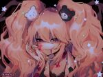  1girl artist_name bangs barry_nah bear_hair_ornament black_background black_bra blonde_hair blood blood_on_face blue_eyes bra breasts cleavage commentary crazy_eyes danganronpa_(series) enoshima_junko evil_smile eyebrows_visible_through_hair fingernails grin hair_between_eyes hair_ornament hand_on_own_cheek hand_on_own_face hands_on_own_face highres long_hair looking_at_viewer nail_polish pink_blood polka_dot polka_dot_bra red_nails shiny shiny_hair smile solo star_(symbol) twintails underwear upper_body 