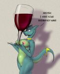  anthro beverage bluedraggy breasts color_edit colored dialogue edit english_text female genitals hi_res holding_beverage holding_object horn kobold koopacap looking_up meena_the_kobold nipples non-mammal_breasts nude pussy ribbons simple_background solo surprise tail_ribbon text 