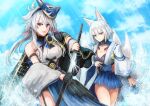  2girls animal_ear_fluff animal_ears asymmetrical_clothes azur_lane black_gloves blue_eyes blue_skirt breasts cleavage cleavage_cutout clothing_cutout collar dashinoya detached_sleeves eyeshadow floppy_ears fluffy fox_ears fox_girl fox_mask fox_tail gloves half_gloves holding holding_sheath holding_sword holding_weapon japanese_clothes kaga_(azur_lane) katana kimono kitsune kyuubi large_breasts large_tail long_hair long_skirt makeup mask mask_on_head metal_belt metal_collar miniskirt multiple_girls multiple_tails open_clothes open_kimono pleated_skirt red_eyes red_eyeshadow sakuramon sheath short_hair side_slit skirt sword tail tosa_(azur_lane) unsheathing water weapon white_hair white_kimono white_tail wide_sleeves 