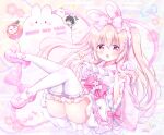  1boy 1girl :o animal_costume animal_ears blonde_hair bow bunny_ears chibi chiika_(cure_cherish) cow_costume dress english_text frilled_legwear hair_ribbon happy_new_year lace lace-trimmed_ribbon lace_trim mary_janes new_year open_mouth original pink_bow pink_eyes pink_footwear pink_ribbon pink_theme ribbon shoes socks thighhighs thighs white_legwear 