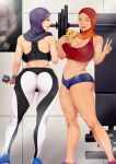  2girls ass bra breasts gym gym_shorts highres hijab large_breasts looking_at_viewer multiple_girls muscular muscular_female one_eye_closed panties phone poster_(object) self_shot shorts tongue tongue_out underwear v zephyr_aile 