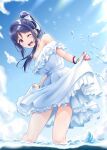  1girl :d absurdres bangle bangs bare_shoulders blue_hair blue_sky blush bracelet breasts cloud collarbone dress dress_lift eyebrows_visible_through_hair frilled_dress frills hair_ribbon high_ponytail highres in_water jewelry large_breasts lifted_by_self love_live! love_live!_sunshine!! matsuura_kanan nail_polish ocean off-shoulder_dress off_shoulder one_eye_closed open_mouth outdoors pillow ponytail purple_eyes ribbon shiny shiny_hair sidelocks sky sleeveless sleeveless_dress smile solo sunlight upper_teeth water water_drop white_ribbon yopparai_oni 