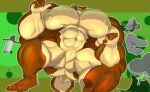  2019 4_toes 5_fingers anthro anus big_muscles big_pecs cervid clothing featureless_crotch feet fingers full-length_portrait fur green_eyes grin huge_muscles huge_pecs hyper hyper_muscles hyper_pecs jacket looking_at_another looking_at_viewer lying male mammal melee_weapon multicolored_body multicolored_fur muscular nipples panscolipede pecs plantigrade portrait smile solo sword toes tom_hassburg topwear weapon yellow_nipples 