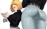  1girl absurdres alternate_costume android_18 ass belt black_sweater blonde_hair blue_eyes blue_nails breasts brown_belt cellphone denim dragon_ball dragon_ball_z echo_saber highres jeans large_breasts pants phone ribbed_sweater simple_background smartphone sound_effects sweater thighs turtleneck turtleneck_sweater white_background 
