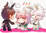  1girl 2boys :d absurdres ahoge anger_vein animal_ears animal_hood bangs baru_(bar_0405) black_gloves black_jacket black_pants breasts brown_hair bunny_hood carrot_print chibi closed_eyes coat commentary_request danganronpa_(series) danganronpa_2:_goodbye_despair fake_animal_ears fishnet_legwear fishnets food_print gloves green_coat hair_ornament hairclip highres hinata_hajime hood hooded_coat jacket komaeda_nagito leotard light_brown_hair male_playboy_bunny medium_breasts medium_hair messy_hair mole mole_on_breast multiple_boys nanami_chiaki neck_ribbon official_alternate_costume open_mouth pants pink_neckwear pink_ribbon playboy_bunny pointing_at_another pouty_lips ribbon sad shiny shiny_hair short_hair sitting smile sweatdrop waistcoat white_hair white_jacket white_pants 