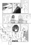  2girls back_bow bow chair cosplay doujinshi greyscale highres indoors long_hair lying maribel_hearn maribel_hearn_(cosplay) monochrome multiple_girls needle on_back pencil school_uniform scissors sewing sewing_needle sitting sketch sleeveless_sweater table torii_sumi touhou translation_request usami_renko 