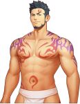  1boy abs arm_tattoo bara beard black_hair bulge chest_tattoo facial_hair facial_tattoo game_cg green_eyes gyee itto_(mentaiko) large_pectorals loincloth male_focus manly mature_male muscular muscular_male navel nipples official_art priapus priapus_a._tarou red_pupils short_hair solo spiked_hair stomach stomach_tattoo stubble tattoo thighs underwear underwear_only white_male_underwear 