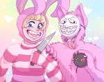 2017 ambiguous_gender anthro blonde_hair blue_eyes bomb canid canine canis claws duo explosives fake_ears fur hair hand_on_shoulder holding_object holding_weapon hood human ivory-luxray knife male mammal mask onomadek pink_body pink_fur popee popee_the_performer sharp_teeth teeth tongue tongue_out weapon wolf 