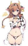  1girl alternate_costume animal_ears animal_print artist_name bell bikini braid breasts chocolate cleavage commentary_request cow_ears cow_horns cow_print cowbell cowboy_shot dated ear_tag elbow_gloves fake_animal_ears fake_horns gloves heart horns kantai_collection large_breasts light_brown_hair long_hair looking_at_viewer odawara_hakone purple_eyes side-tie_bikini simple_background solo standing swimsuit teruzuki_(kancolle) thighhighs twin_braids white_background white_bikini white_gloves white_legwear 