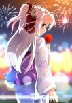  1girl bangs black_bow black_scrunchie blurry blurry_background bokeh bow candy_apple cat_mask closed_mouth commentary depth_of_field fireworks floral_print food from_behind hair_bow hair_ornament hair_scrunchie highres holding holding_food huracan_(vivid_strike!) japanese_clothes kashima_fumi kimono long_hair long_sleeves looking_at_viewer looking_back lyrical_nanoha mask mask_on_head night night_sky obi one_side_up outdoors print_kimono purple_eyes rinne_berlinetta sash scrunchie silver_hair sky smile solo standing vivid_strike! white_kimono 
