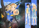  2girls animal_ears aohashi_ame arm_up armpits bangs black_eyes black_legwear black_sky blonde_hair blue_bodysuit blue_footwear blue_gloves blue_jacket blue_skirt blue_sky blunt_bangs blush bodysuit breasts capri_pants casual cat_ears cat_tail character_name closed_mouth cloud cloudy_sky commentary_request covered_navel day elbow_gloves eyebrows_visible_through_hair floral_print frown glasses gloves green_shirt grey_panties hair_ribbon hand_on_hip high-waist_skirt high_heels highres jacket jewelry leg_up legs light_frown long_hair looking_at_viewer medium_skirt multiple_girls necklace no_legwear open_clothes open_jacket open_mouth panties panties_under_pantyhose pants pantyhose perrine_h_clostermann ponytail print_skirt ribbed_shirt ribbon rimless_eyewear sakamoto_mio shirt skirt sky sleeveless sleeveless_shirt small_breasts smile standing star_(sky) starry_sky strike_witches tail textless translation_request underwear v-shaped_eyebrows white_pants white_ribbon world_witches_series yellow_eyes yellow_shirt 