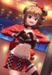 1girl ahoge asymmetrical_pants belt breasts brown_hair bustier car checkered checkered_skirt choker cleavage contrapposto cropped_jacket diffraction_spikes drill_hair drill_ponytail gloves ground_vehicle heart heart_hands highres idolmaster idolmaster_million_live! idolmaster_million_live!_theater_days jacket kamille_(vcx68) lens_flare looking_at_viewer medium_hair midriff motor_vehicle navel open_mouth ponytail purple_eyes race_queen red_jacket side_ponytail skirt smile white_belt yokoyama_nao 