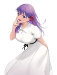 1girl absurdres arm_behind_back breasts dress fate/stay_night fate_(series) hand_on_own_face heaven&#039;s_feel heleif highres large_breasts leaning_forward long_hair looking_at_viewer matou_sakura oslo purple_eyes purple_hair red_ribbon ribbon round_teeth smile solo teeth white_dress 