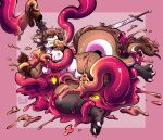  2021 absurd_res anthro breasts brown_hair candy.yeen destiny_(milodesty) dragon female fur furred_dragon genitals hair hi_res melee_weapon nipples nude penetration pussy red_background red_tentacles simple_background solo sword tentacle_sex tentacles vaginal vaginal_penetration weapon 
