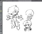  akiyoku angry chibi clenched_hands hair_over_one_eye headband highres kusanagi_kyou laughing school_uniform sketch smile the_king_of_fighters yagami_iori 