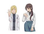  2girls absurdres blonde_hair blush brown_eyes brown_hair closed_eyes erica_hartmann gertrud_barkhorn grin highres jewelry labcoat long_hair looking_at_another multiple_girls no_legs pen rekari_(rekari628) ring shirt short_hair simple_background skirt smile strike_witches upper_body upper_teeth wedding_band white_background wife_and_wife world_witches_series yuri 