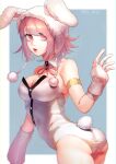  1girl absurdres animal_ears animal_hood artist_name ass bangs bare_shoulders baru_(bar_0405) black_leotard border breasts bunny_ears bunny_hood bunny_tail cleavage collarbone commentary_request cowboy_shot danganronpa_(series) danganronpa_2:_goodbye_despair detached_collar fake_animal_ears fake_tail flipped_hair hand_up highres hood large_breasts leaning_forward leotard looking_at_viewer mole mole_on_breast nanami_chiaki neck_ribbon official_alternate_costume open_mouth pink_eyes pink_hair pink_ribbon playboy_bunny ribbon short_hair skindentation solo tail two-tone_leotard white_border white_leotard 
