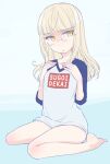  1girl aohashi_ame bangs barefoot blonde_hair blunt_bangs casual clothes_writing commentary_request eyebrows_visible_through_hair frown glasses hands_on_own_chest highres long_hair looking_at_viewer no_pants open_mouth perrine_h_clostermann print_shirt raglan_sleeves rimless_eyewear romaji_text shirt short_sleeves sitting solo strike_witches sugoi_dekai t-shirt wariza white_shirt world_witches_series yellow_eyes 
