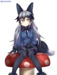  1girl animal_ear_fluff animal_ears black_gloves black_hair black_legwear black_neckwear black_skirt blue_jacket blush bow bowtie extra_ears fox_ears fox_tail gloves gradient_hair grey_hair hair_between_eyes jacket kemono_friends long_hair miniskirt multicolored_hair mushroom pantyhose pleated_skirt silver_fox_(kemono_friends) simple_background sitting skirt solo souichitei tail twitter_username white_background yellow_eyes 