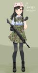  1girl aohashi_ame assault_rifle bangs black_footwear black_gloves black_hair black_legwear blue_shirt blunt_bangs blush boots bow bowtie brown_eyes camouflage camouflage_neckwear camouflage_skirt character_name clenched_hand closed_mouth commentary_request cosplay cross-laced_footwear dress_shirt flat_cap full_body gloves green_neckwear green_skirt gun happy_new_year harness hat highres holding holding_gun holding_weapon little_armory long_hair looking_at_viewer new_year pantyhose pleated_skirt radio real_life rifle seiyuu sheep_hat shirt short_sleeves skirt smile solo standing straight_hair toujou_sayako toyosaki_ena toyosaki_ena_(cosplay) weapon weapon_request wing_collar 