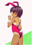  1girl animal_ears brown_eyes bunny_ears bunny_tail fishnet_legwear fishnets hand_up headband looking_back original pink_clothes pink_headwear playboy_bunny purple_hair short_hair spine tail tan tanline tommy_region visible_ears wrist_cuffs 
