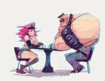  abigail_(final_fight) belt blue_shorts board_game chair chess chess_piece final_fight happy high_heels michaelfirman muscular muscular_male pink_hair playing_games poison_(final_fight) shirt shorts street_fighter t-shirt table thinking tire white_background 