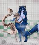  anthro celest celestbrook dire_leopard duo felid female female/female fur green_eyes grope hi_res horn hug mammal pantherine piercing raised_leg shower size_difference spots sya_ruusa tall_female tiger wet wet_body wet_fur wide_hips 