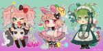  ... 1boy 2girls absurdres alternate_costume amami_rantarou apron bangs baru_(bar_0405) black_bow blood bow broccoli broom bunny_hair_ornament chibi commentary_request cosplay danganronpa:_trigger_happy_havoc danganronpa_(series) danganronpa_2:_goodbye_despair danganronpa_v3:_killing_harmony dress enmaided enoshima_junko enoshima_junko_(cosplay) flower frilled_dress frills gradient gradient_background green_background green_dress green_eyes green_flower hair_bow hair_ornament highres huge_filesize ikusaba_mukuro light_brown_hair long_sleeves looking_at_viewer maid maid_apron maid_headdress messy_hair monokuma monotarou_(danganronpa) multiple_girls nanami_chiaki one_eye_closed pac-man pink_background pink_blood pink_dress pink_eyes pink_footwear pink_hair red_bow red_flower red_nails scarf short_hair smile soap_bottle spoken_ellipsis tongue tongue_out twintails usami_(danganronpa) v white_apron 