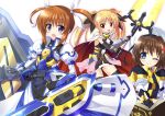  3girls ;) armor armored_dress bardiche beret black_dress black_gloves black_ribbon blue_eyes cape commentary_request dress endori fingerless_gloves fortress_(nanoha) gauntlets gloves hair_ornament hair_ribbon hat holding holding_weapon jacket juliet_sleeves long_dress long_hair long_sleeves looking_at_viewer lyrical_nanoha magical_girl mahou_shoujo_lyrical_nanoha mahou_shoujo_lyrical_nanoha_reflection multiple_girls one_eye_closed open_mouth partial_commentary puffy_sleeves purple_eyes red_cape ribbon short_dress short_hair sidelocks simple_background sleeveless sleeveless_dress smile standing strike_cannon takamachi_nanoha tome_of_the_night_sky twintails two-sided_cape two-sided_fabric weapon white_background white_cape white_dress white_headwear white_jacket white_ribbon x_hair_ornament yagami_hayate 