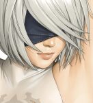  1girl arm_up closed_mouth covered_eyes eyepatch face light_smile lips mole mole_under_mouth nier_(series) nier_automata short_hair silver_hair solo watanabe_yasuaki yorha_no._2_type_b 