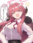  1girl aru_(blue_archive) blue_archive blush breasts closed_eyes commentary_request hair_between_eyes halo happy highres horns long_hair open_mouth oyaji-sou red_hair school_uniform signature solo translation_request white_background 